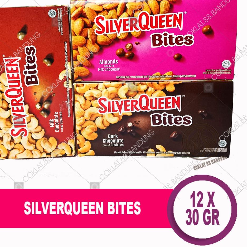 

➩ SILVERQUEEN BITES 30 GR/GRAM BOX ISI 12 PCS EX 35GR, COKELAT SILVER QUEEN BITES ALMOND MILK COKLAT DARK CASHEW 12 x 30gr ✿