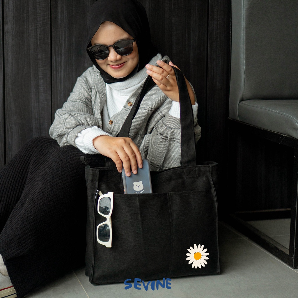 Sevine Totebag Kanvas Rebecca Tas Wanita Tote Bag Kuliah Sekolah Sekat Laptop Hitam Elegan Aesthetic - WA