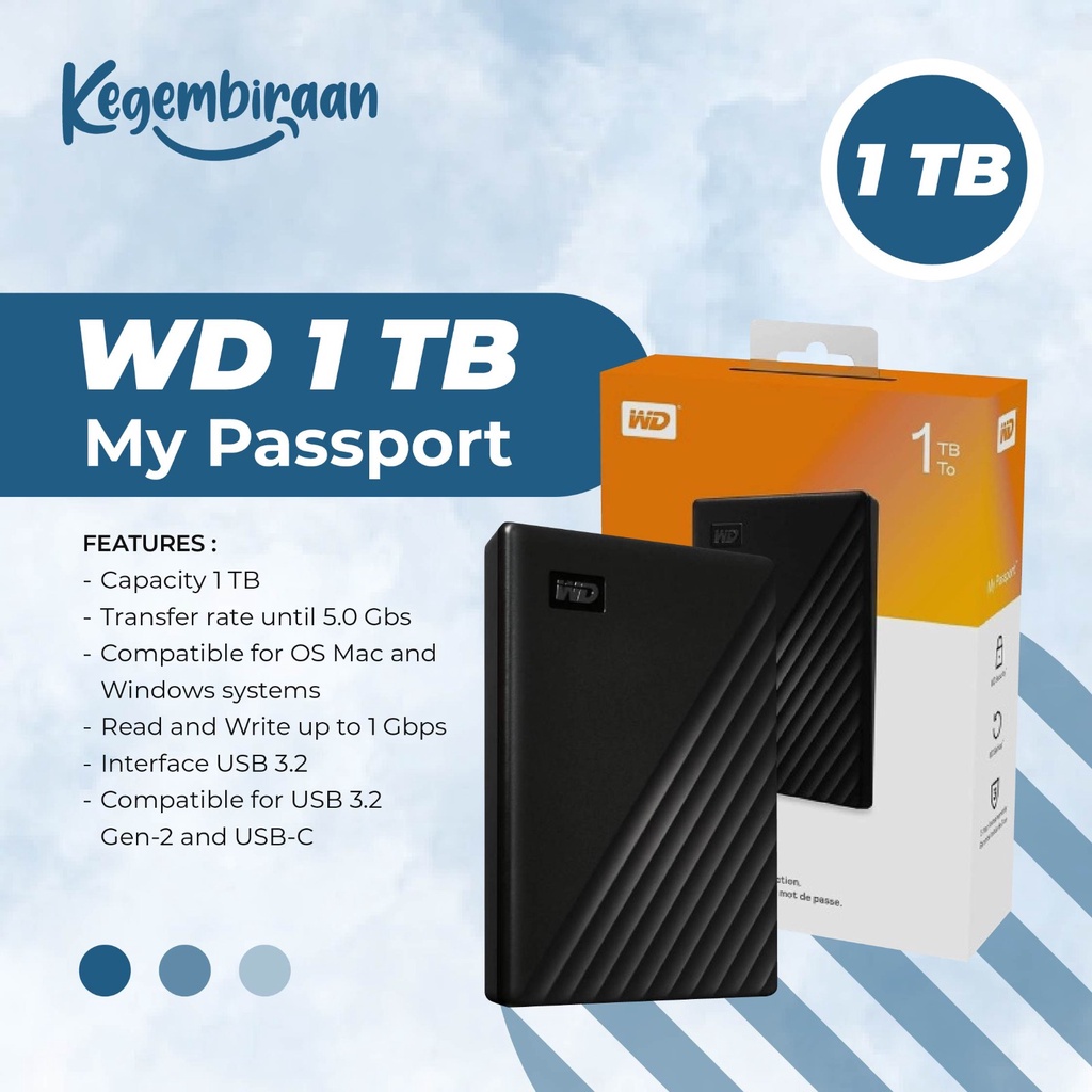 Hardisk Eksternal/External 1TB WD Passport HDD Portable Original 100%