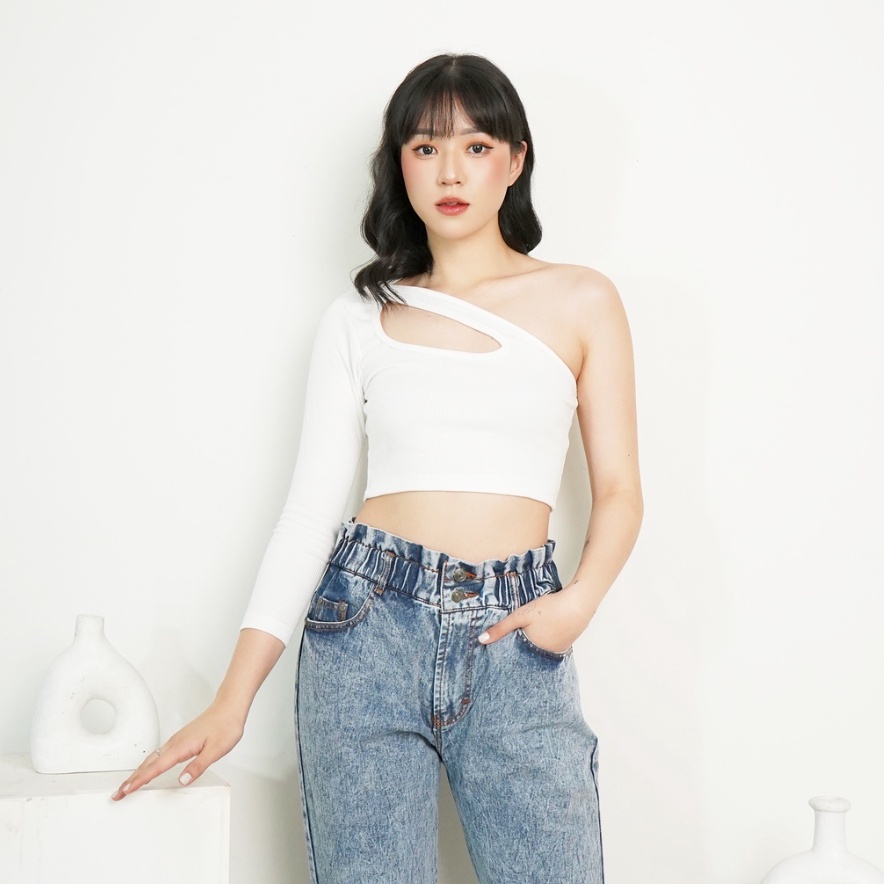 CAVALU Korean Knit One Shoulder Crop Top Lengan Panjang Longsleeve Rajut 174