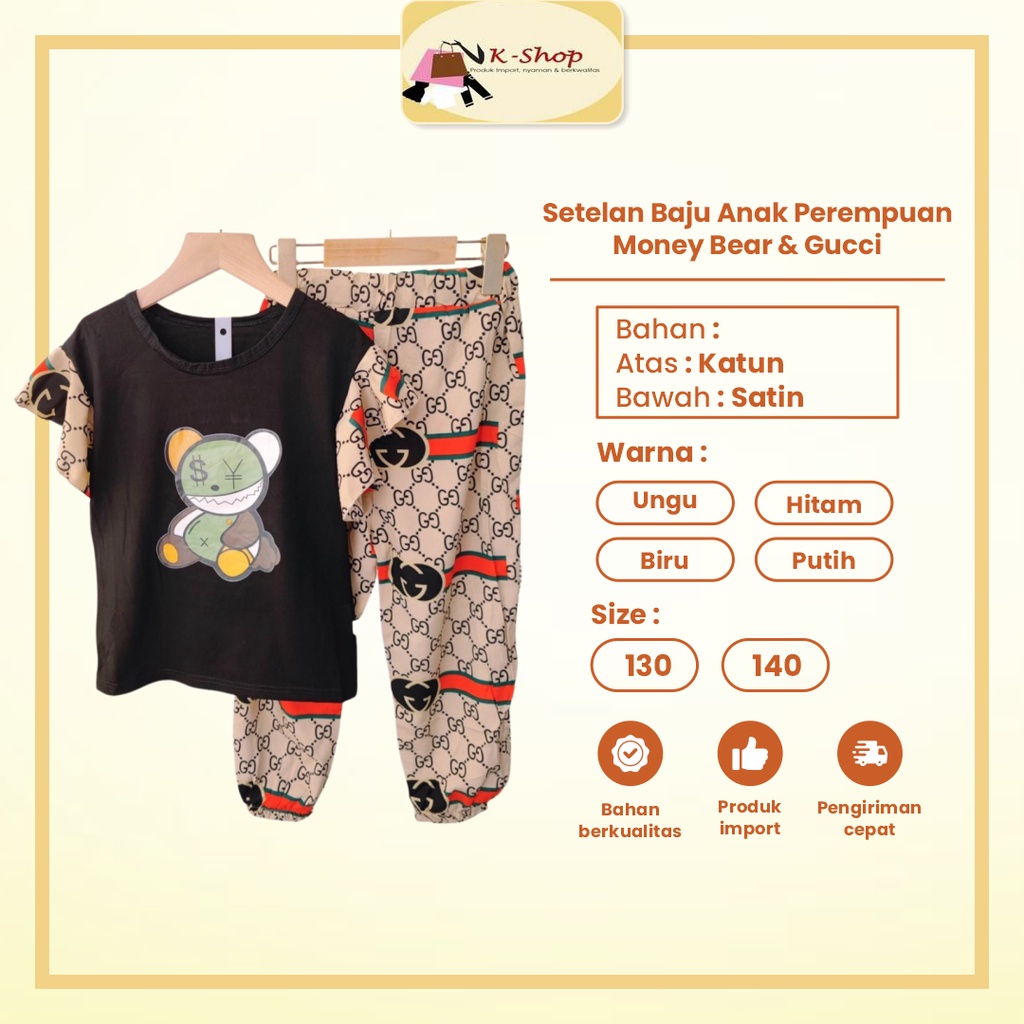 Setelan Baju Anak Perempuan Money Bear 6 10Tahun Celana Panjang Gucci Premium Import Terbaru