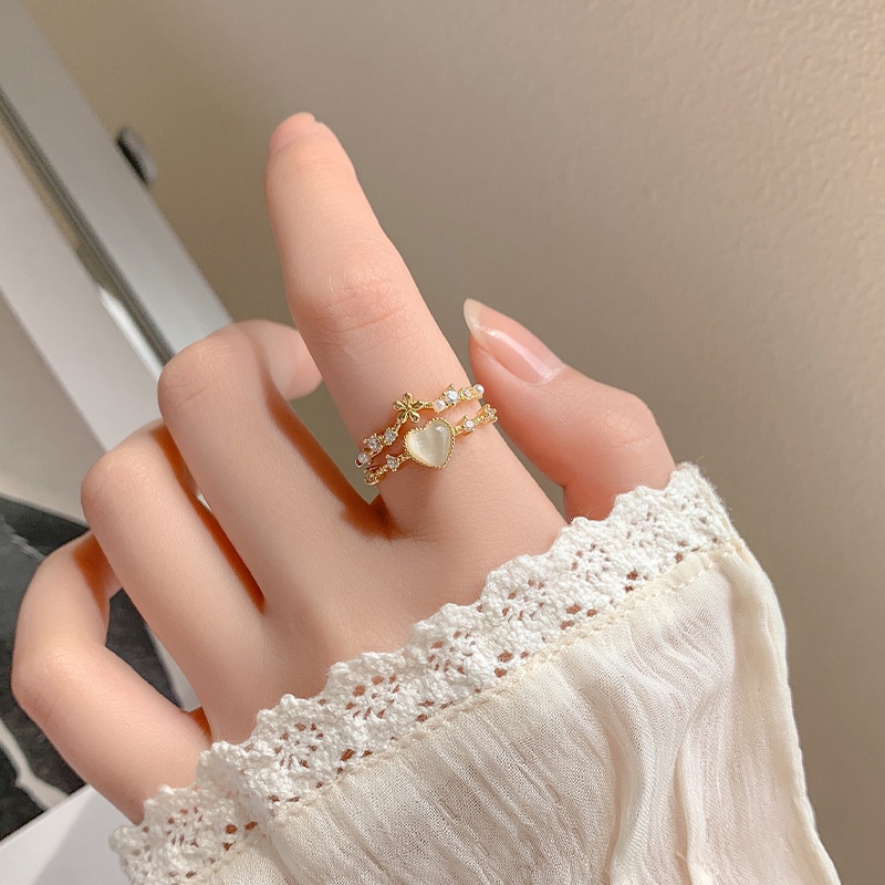 Cincin Opal Hati Korea Kristal Pembukaan Adjustable Rings Untuk Aksesoris Perhiasan Wanita