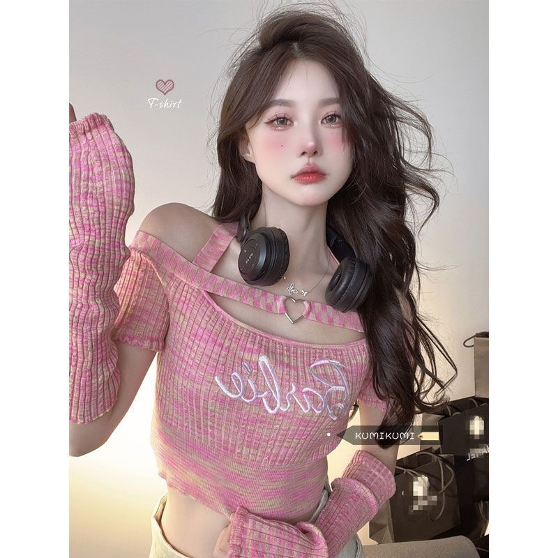 Red Bibi Barbie Rajutan T-shirt Lengan Pendek Wanita Bagian Tipis Awal Musim Gugur Baru Tabir Surya Kecil Gadis Panas Atasan Satu Bahu tanpa Tali