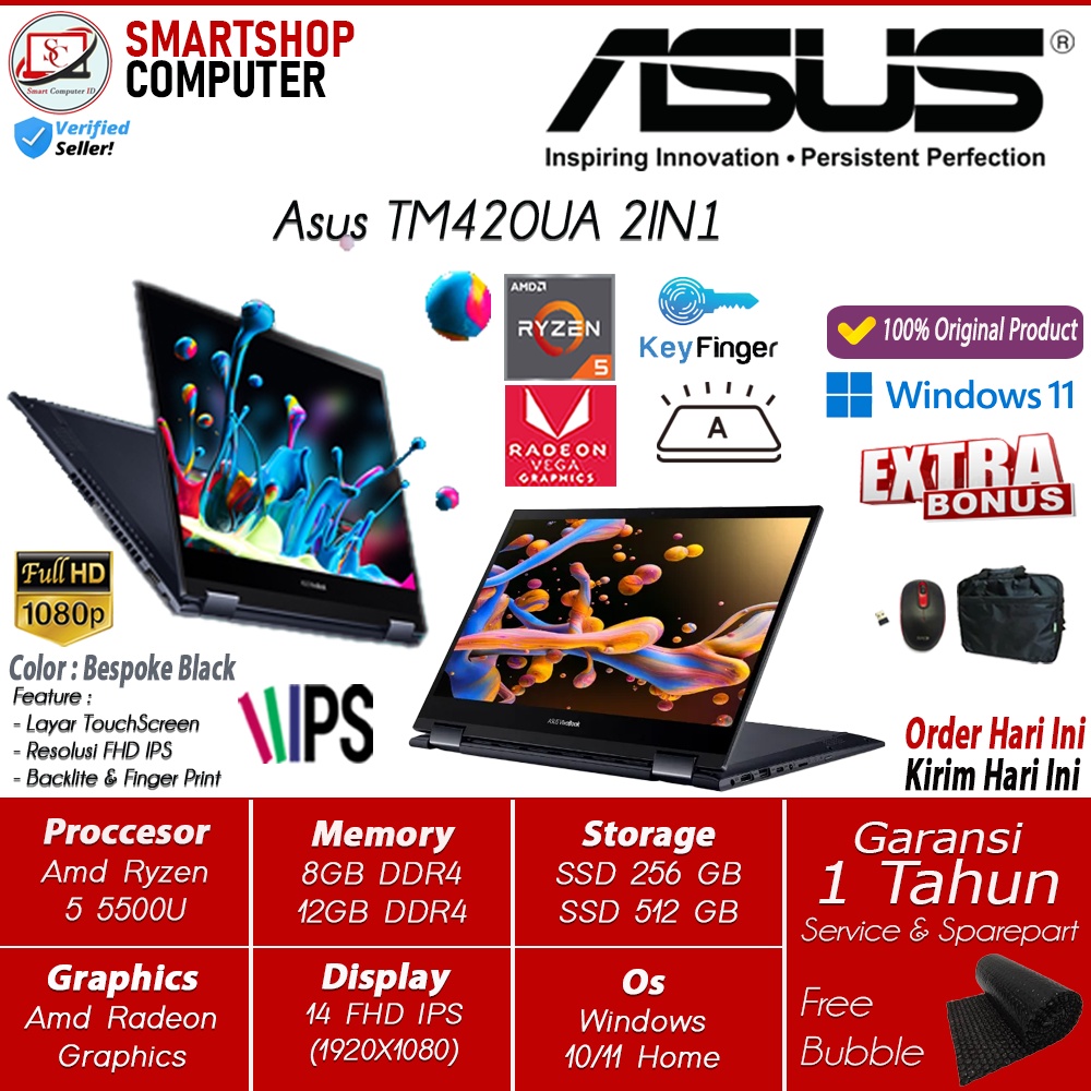 Laptop Asus Vivobook flip TM420UA 2in1 Amd Ryzen 5500U 20GB 1TB SSD Windows 10 Original