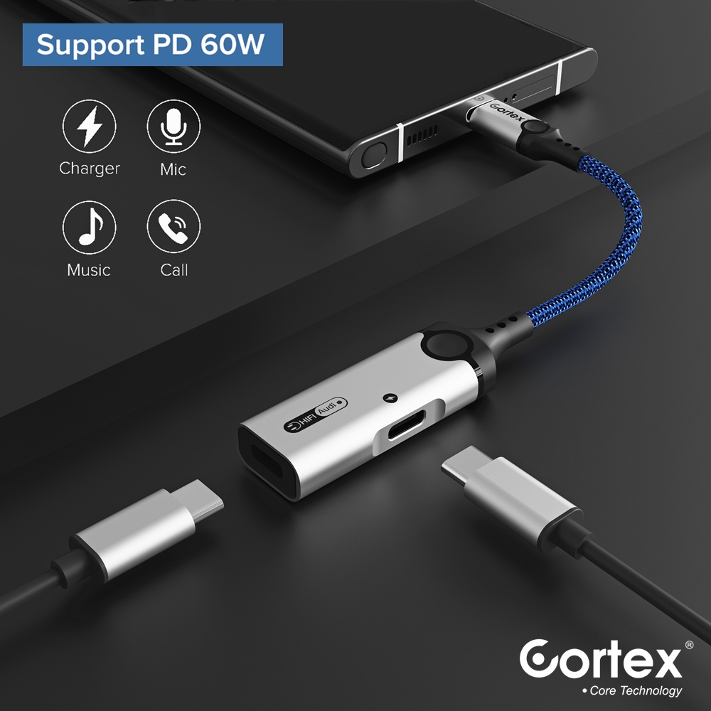 Cortex MH342 USB-C Splitter 2in1 Type-C to Charging + Audio Open Mic 60W Charging Adapter