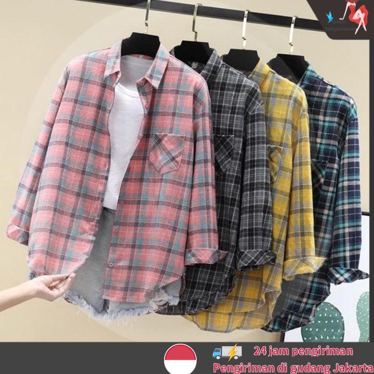 CHEKOUT Kemeja Wanita Kotak Kotak Blouse Atasan Import Outer Wanita