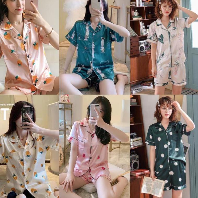 TERLARIS baju tidur satin import piyama satin motif baju tidur celana pendek pajamas satin HP