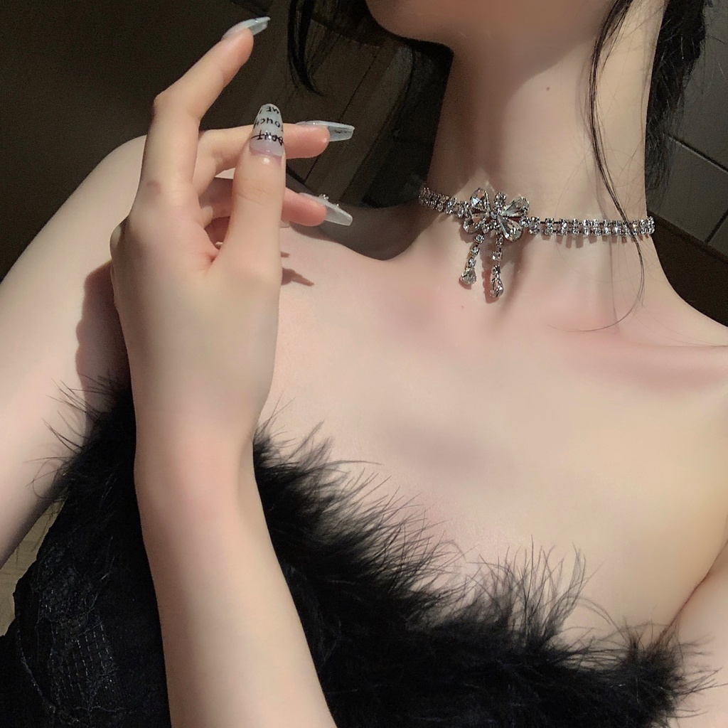 YEEZII Busur Permata Kalung Untuk Wanita Perak Kristal Klavikula Rantai Choker Perhiasan Aksesoris