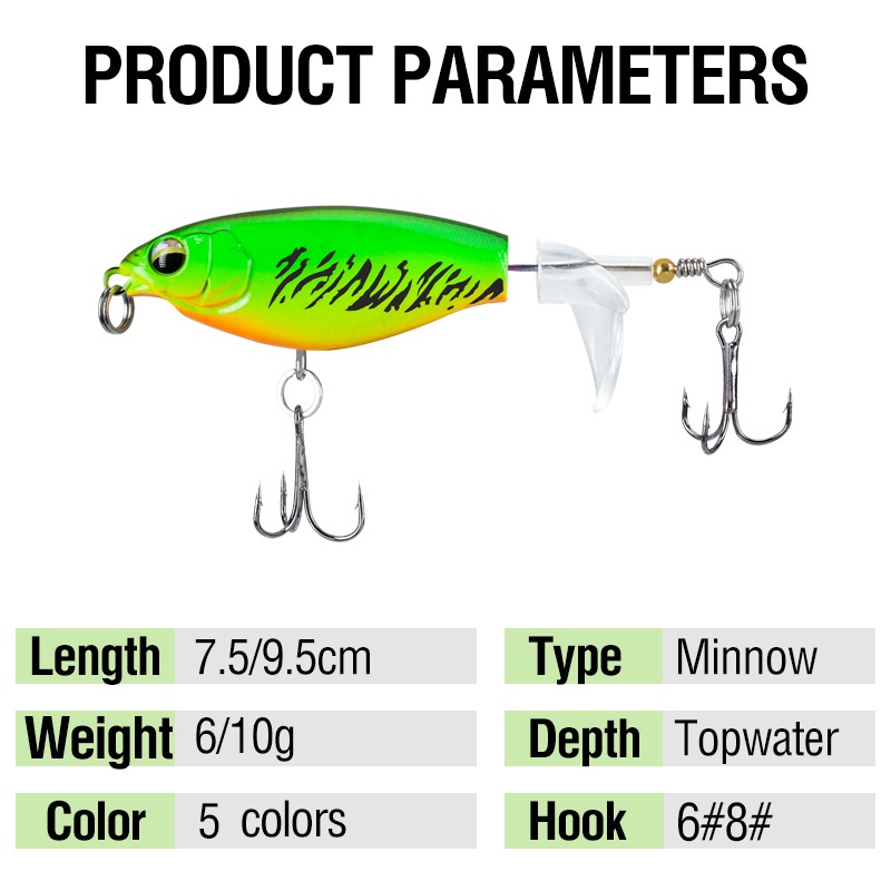 5warna Umpan Pancing Topwater 1PCS 7.5/9.5cm Plastik Berputar Ekor Ikan Kecil Pintail Bass Lures 3D Mata Whopper Plopper Dengan 2kait Treble Aksesoris Memancing