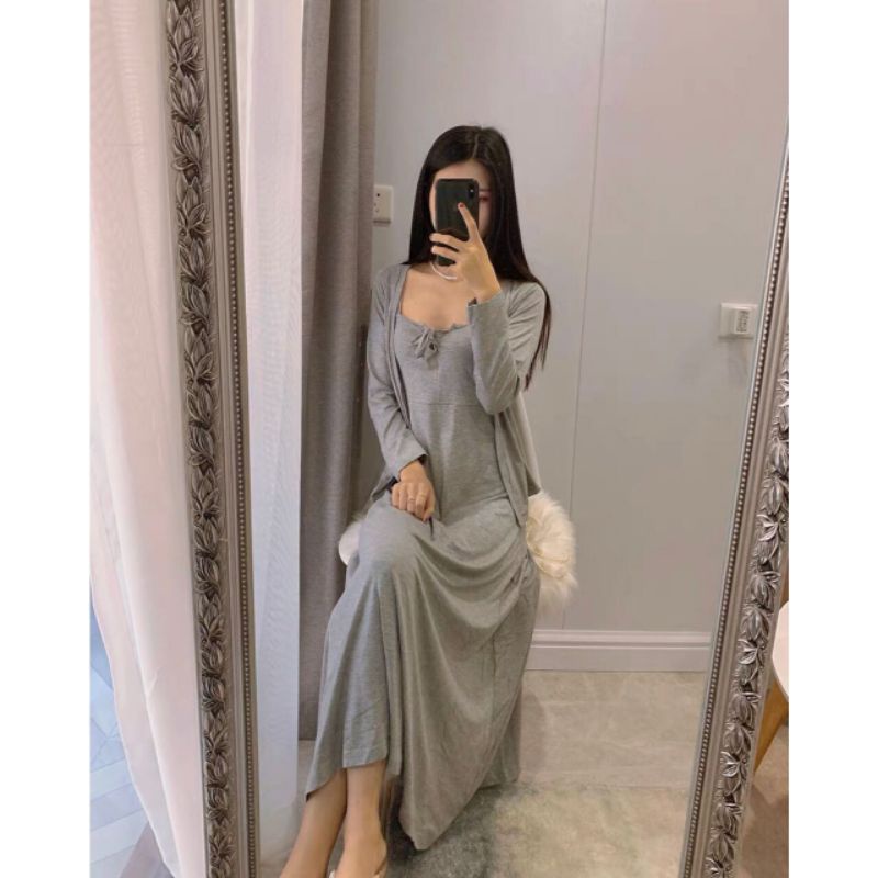 QUEEN SAKURA - Q6940SET - SLIP DRESS SET CROP OUTER IMPORT - SETELAN DRESS PANJANG DAN CROP OUTER CA