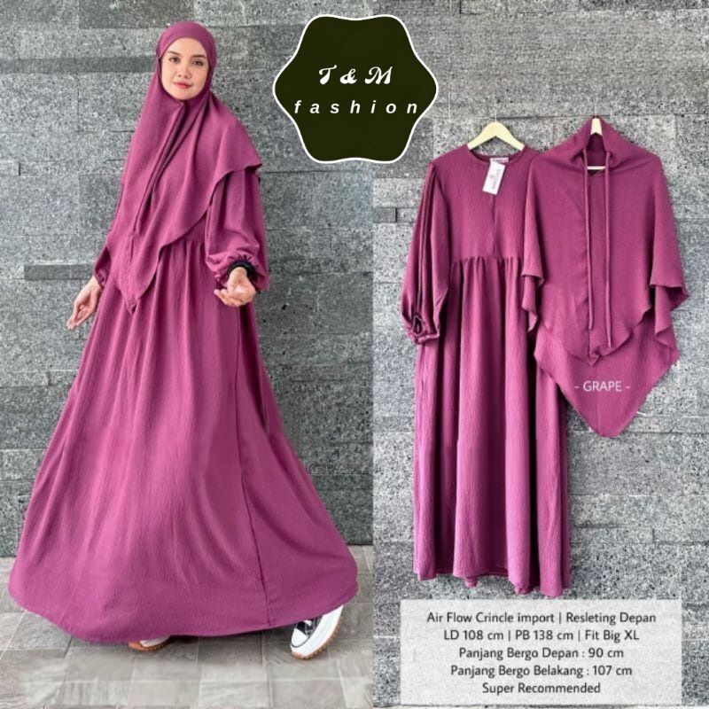 T &amp; M Fashion~Gamis Premium Khadisa Set Bergo Instan Matt Crinkle Air Flow Gamis Wanita Muslim Terbaru 2023 Khadijah Set Syari Gamis Syari Jumbo Hasanah