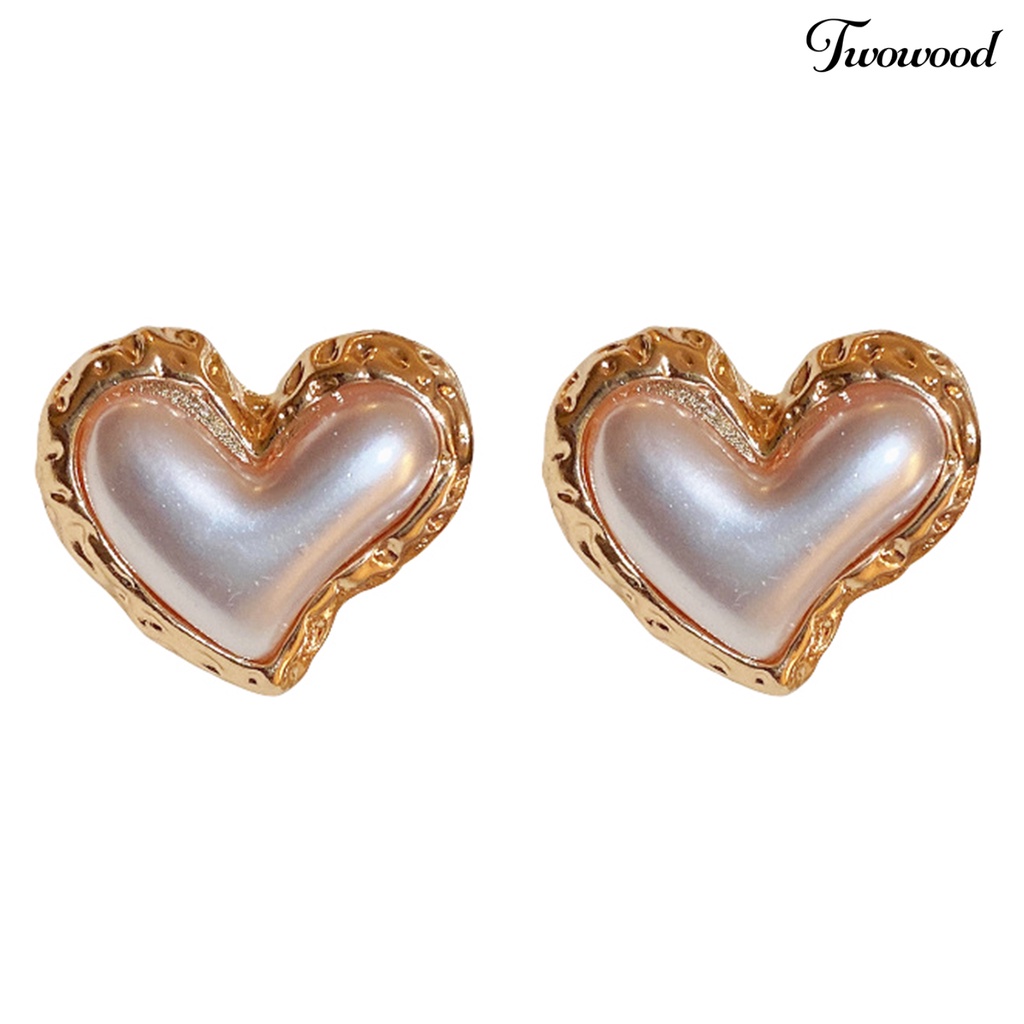 Twowood Women Ear Studs Gradient Heart-Berbentuk Cahaya Mewah Perak Wanita Kepribadian Fashion Faux Pearl Stud Earrings Pakaian Sehari-Hari