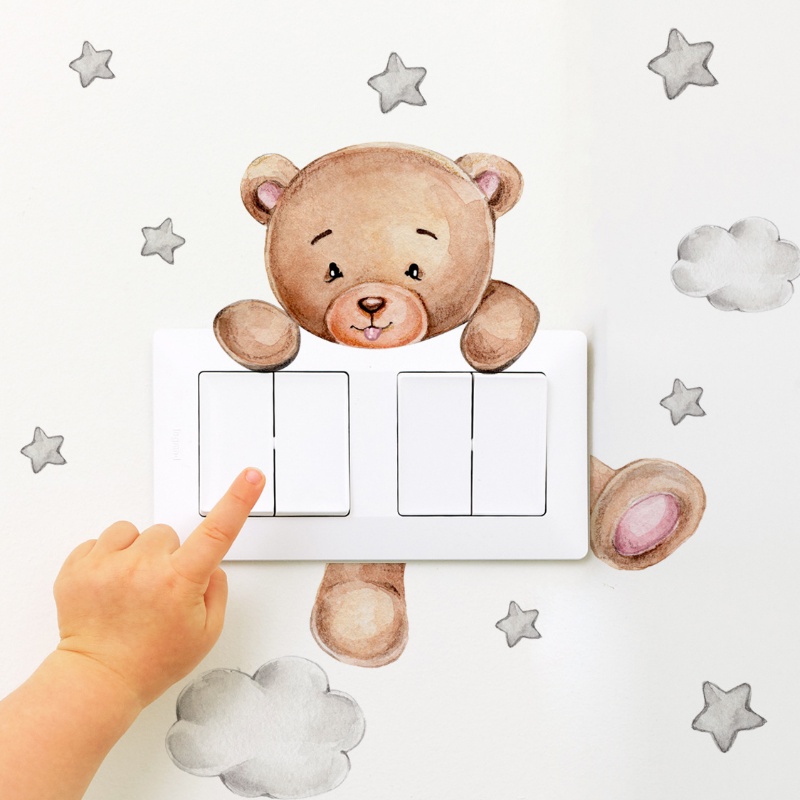 Kamar Tidur Asrama Belajar Dekorasi Aksesoris Pola Beruang Kecil Saklar Stiker Tahan Air Tahan Debu Wallpaper Stiker Perekat Diri PVC Aplikasi Dinding