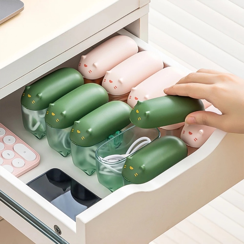 Kotak Penyimpanan Kabel Data Kucing Kartun/Kotak Charger Handphone Tahan Debu Portabel Dengan Penutup