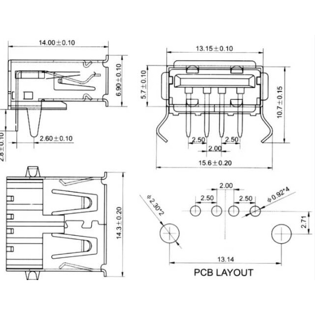 Soket Socket  USB 2.0 Female PCB Mount Tipe Type  A 4 Pin 4Pin Tekuk 90 Konektor Tanam