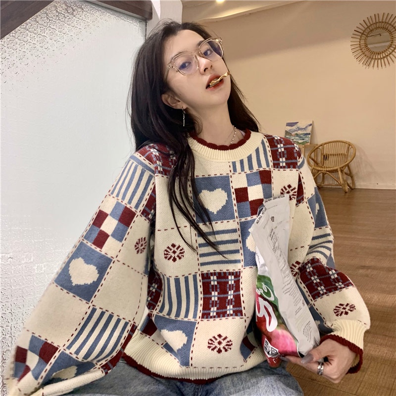 QH YURUMA Jahitan cinta sweater wanita longgar pakaian luar kotak-kotak retro sweater rajutan lengan