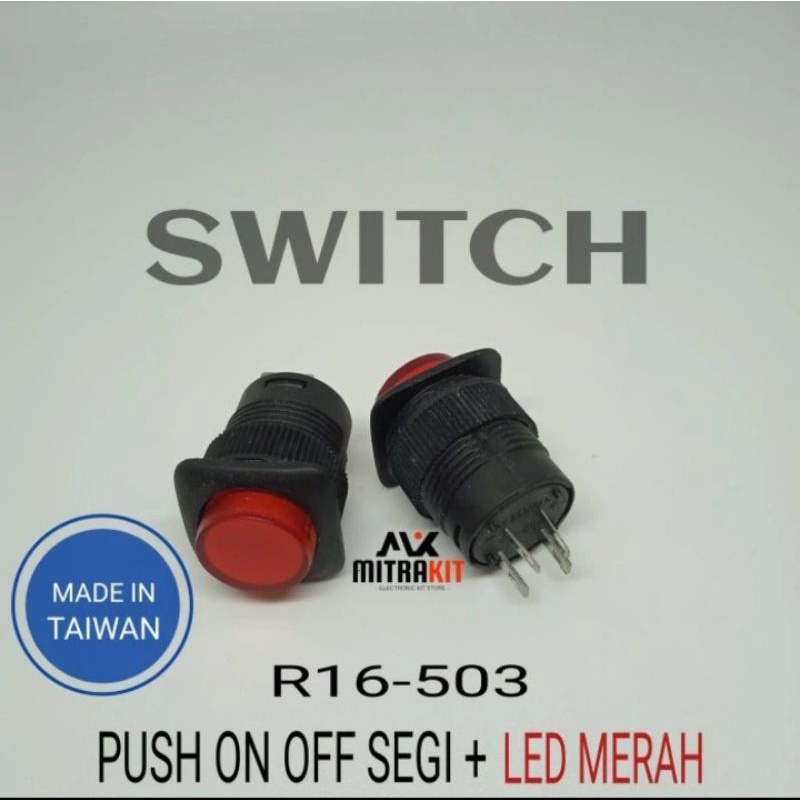 R16-503 Push ON OFF locking 4pin segi +led merah Taiwan R16-503