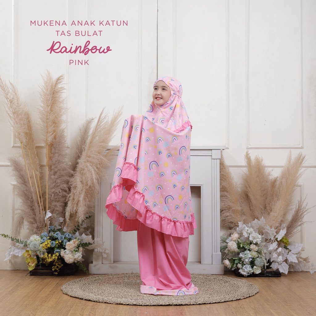 MUKENA BALI TASIK - MUKENA ANAK KATUN MOTIF RAINBOW PINK (TAS BULAT)