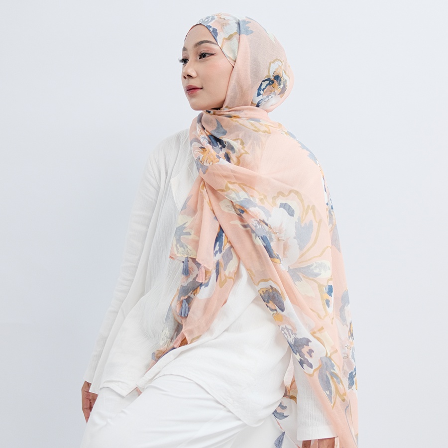 ITSFRIDAY IRONA In Apricot Scarf - Premium Pashmina Shawl Selendang Syal Pasmina Hijab Import Motif Flower Art Salem Navy Tassel