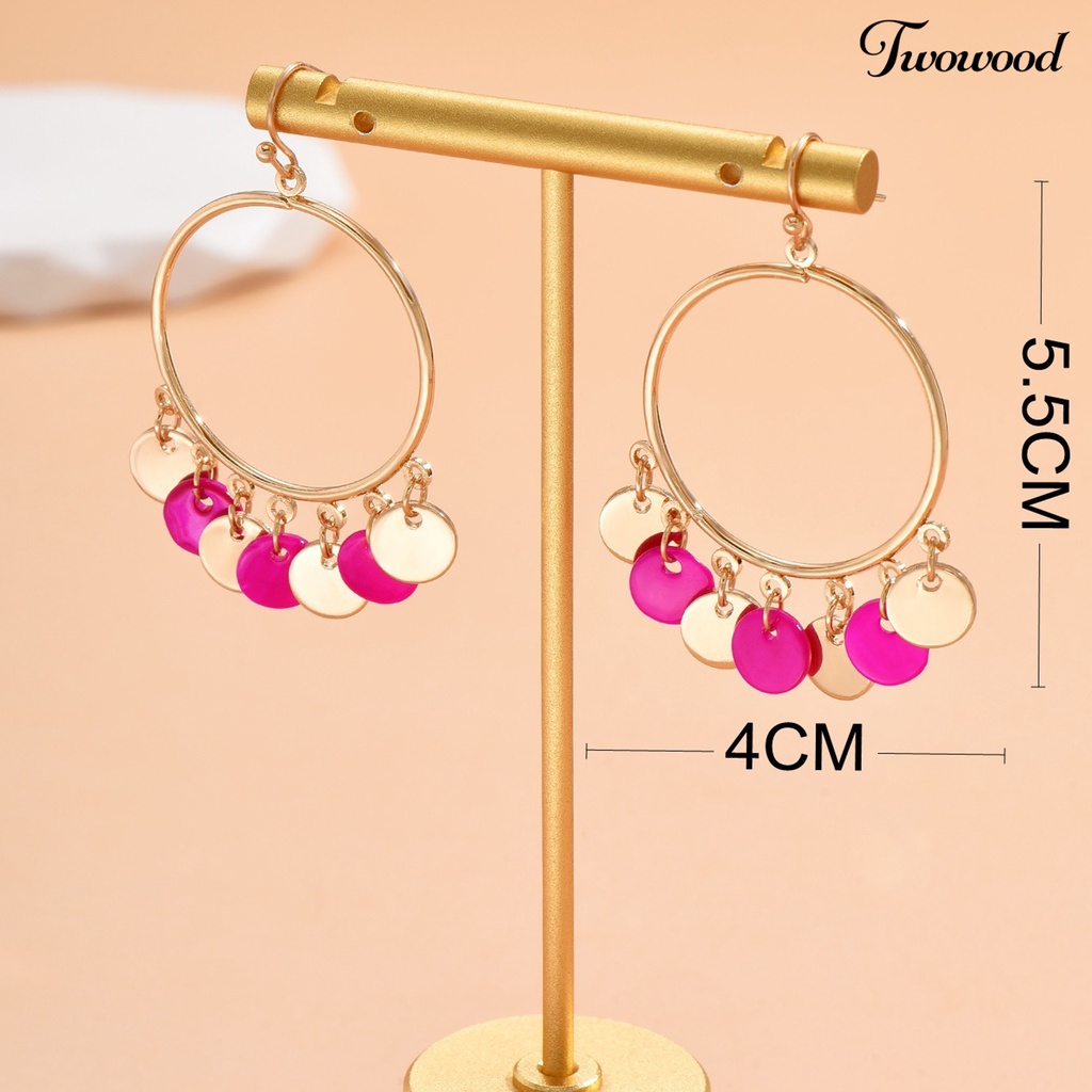 Twowood 1pasang Anting Kait Berlebihan Cincin Besar Kepribadian Geometris Hadiah Emas Alloy Bicolor Bulat Liontin Drop Earrings Fashion Perhiasan