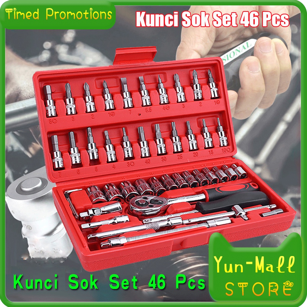YUN Mall  Kunci SOK 46 PC Set Socket Full Lengkap Socket Tool Kit Pas Ring L Motor Mobil/Universal Kombinasi Tool Kit Reparasi Perbaikan Service Bengkel Mobil Motor Emergency Multifungsi Praktis BagusSet Kunci Socket Wrench 46 PCS Sok