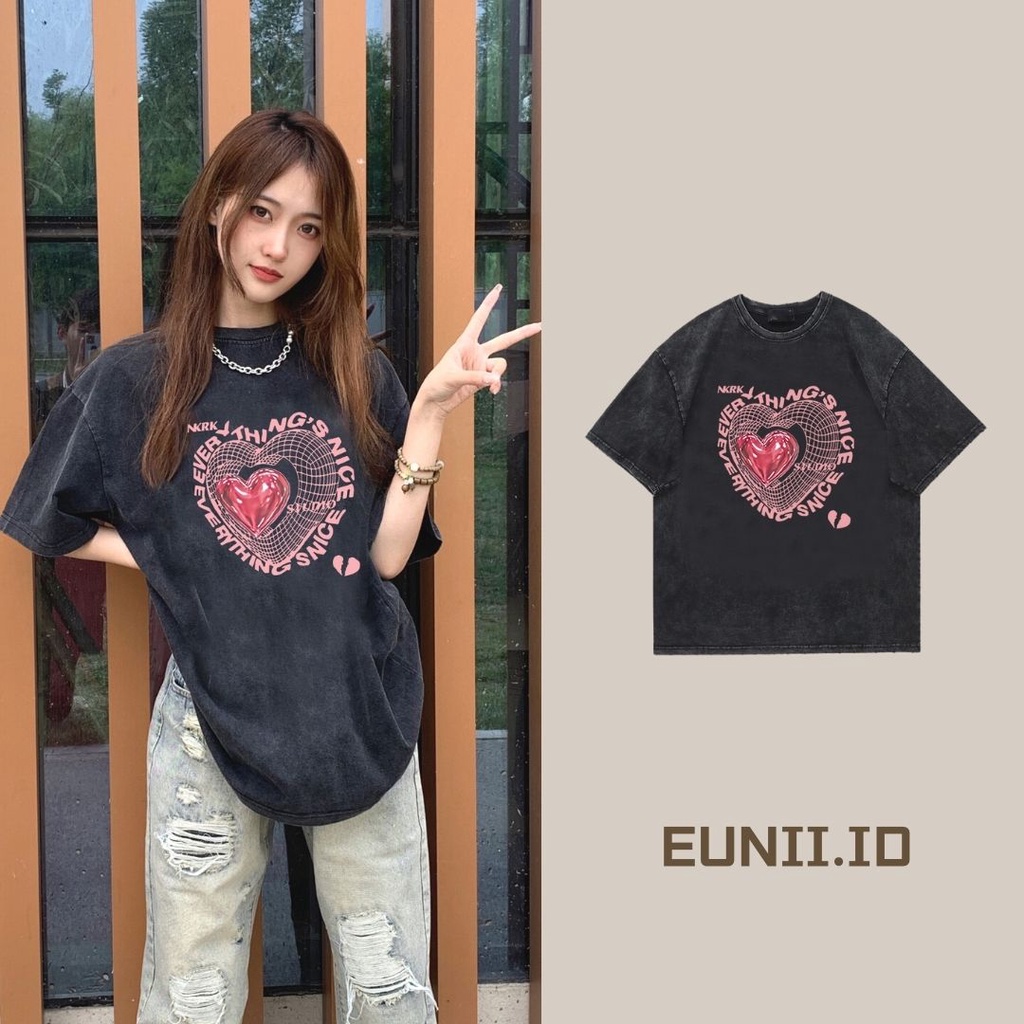 EUNII T-shirt Lengan Pendek Black Washed Retro Pink Graffiti Heart Printing Korean Style/Kaos Atasan Wanita/Baju Wanita/Kaos Wanita