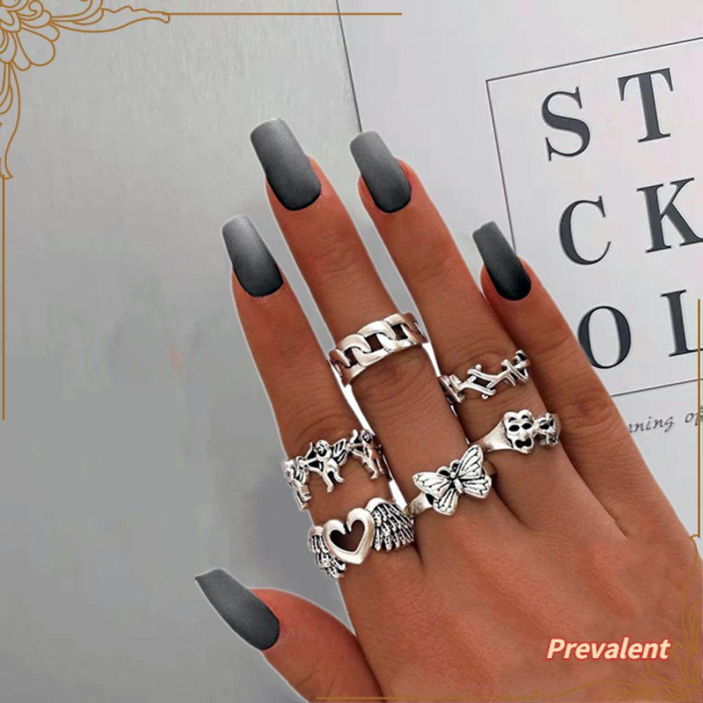 Preva 6pcs/Set Cincin Jari Set Perhiasan Aksesoris Kupu-Kupu Punk Hati Sayap