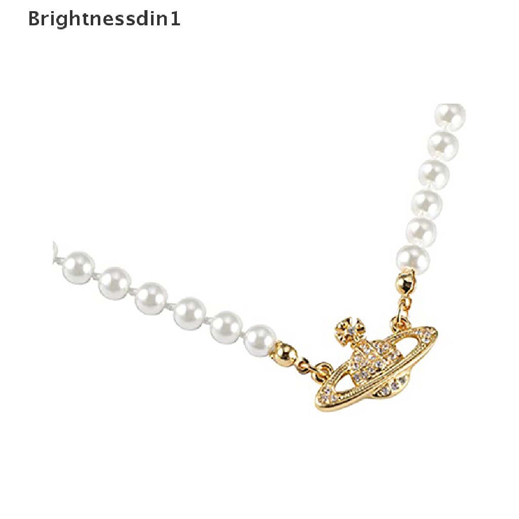 [Brightnessdin1] 1 Pc Gold Silver Saturn Pearl Necklace Pearl Beaded Kristal Berlian Imitasi Kalung Butik