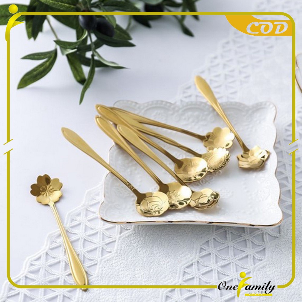 ONE-C766 Sendok Korea Teh Kopi Kecil Stainless Steel Motif Love Elegant Warna Gold / Sendok Bunga Emas Spoon Dessert Import