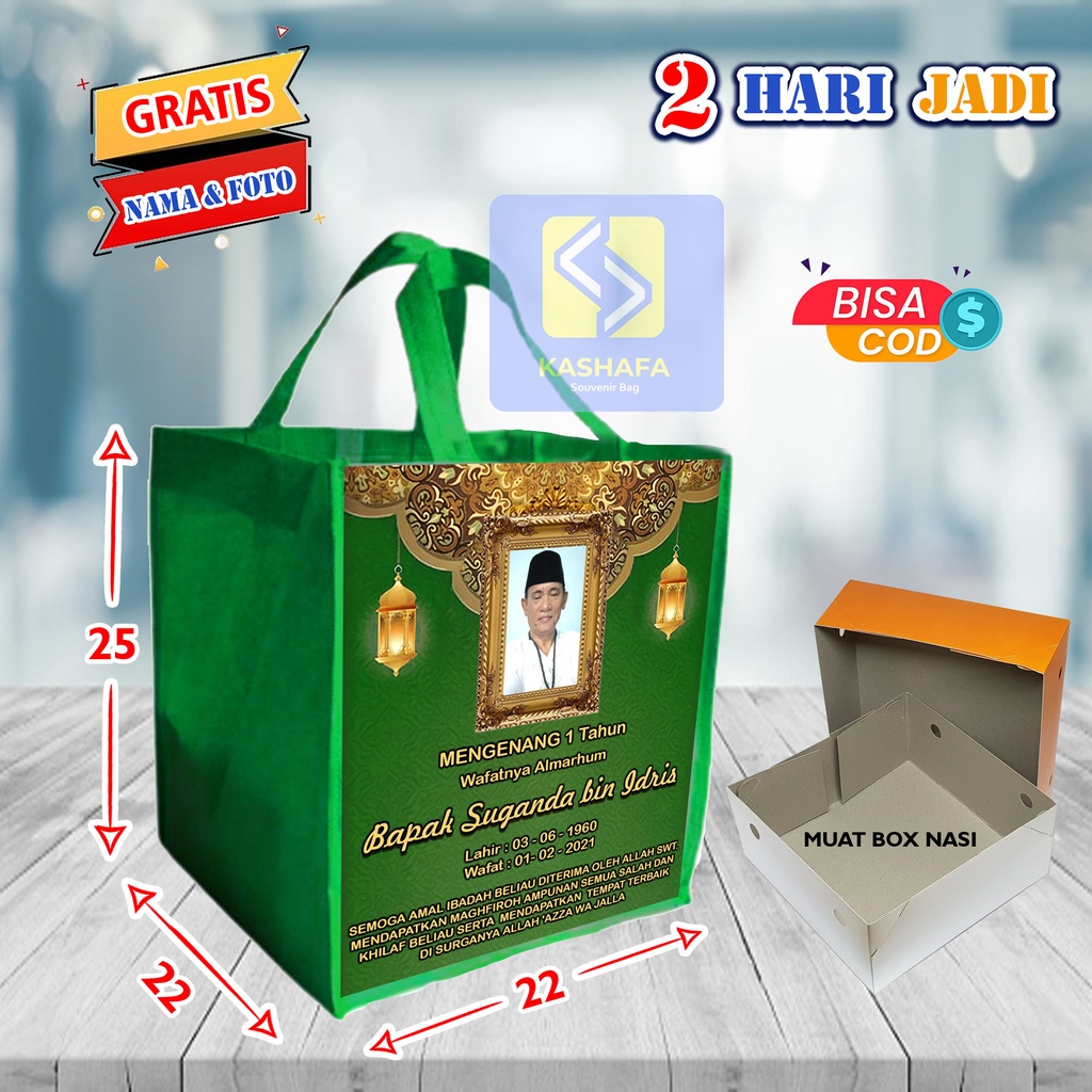 

Tas Khajatan Muat Box Nasi Berkat - Tas Mengenang - Tas Wafat - Tas Haul - Tas Kirim Doa - Goodie bag Khajatan free desain - Tas Aqiqah - Tas Khitan - tas berkat Gratis Design nama dan Foto -Tas Berkat Custom