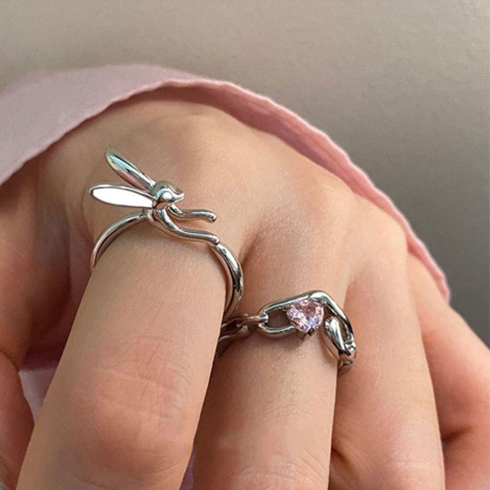 MXBEAUTY Y2k Wanita Cincin Lucu Adjustable Menawan Desain Niche Kelinci Gadis Manis Hadiah Berlian Imitasi Alloy Gaya Korea Ring