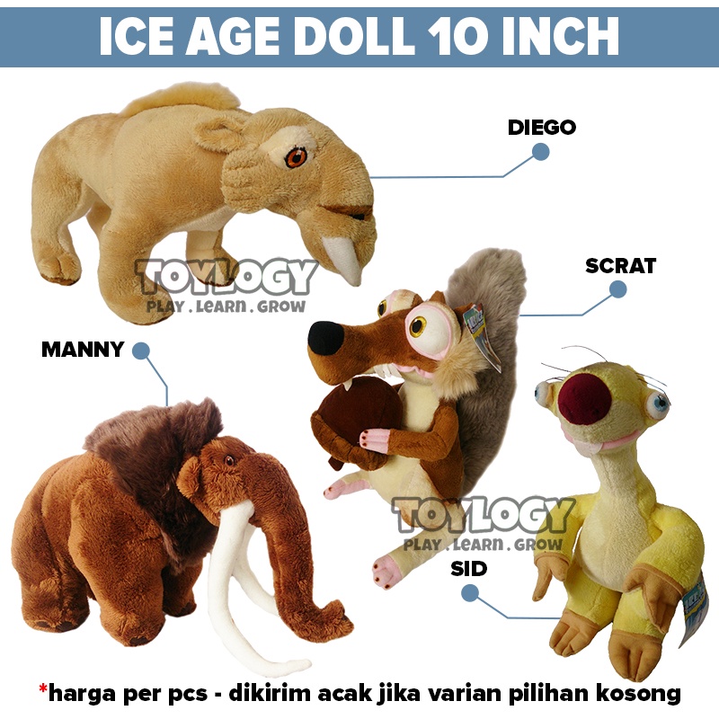 Boneka Hewan Karakter Ice Age Manny Sid Diego Scrat Plush Stuffed Doll 10 Inch