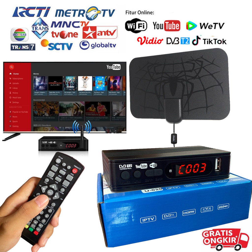 Taffware PAKET Set Top Box + Antena TV Digital + Booster Amplifier Analog  DVB-T2 SUPER HD 4K High HDMI Wifi Anten STB SIGNAL Full HD Tabung LED Smart Android Coocaa Youtube LG Samsung Xiaomi Toshiba TCL Changhong