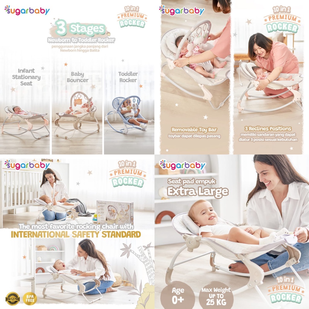 MOMS_ Bouncer Bayi FREE BUBBLE!!  SugarBaby 10 In 1 Premium Rocker NEW MOTIF /Bouncer 1 Recline Deluxe Musical Vibration//Kursi Goyang Manual Bayi