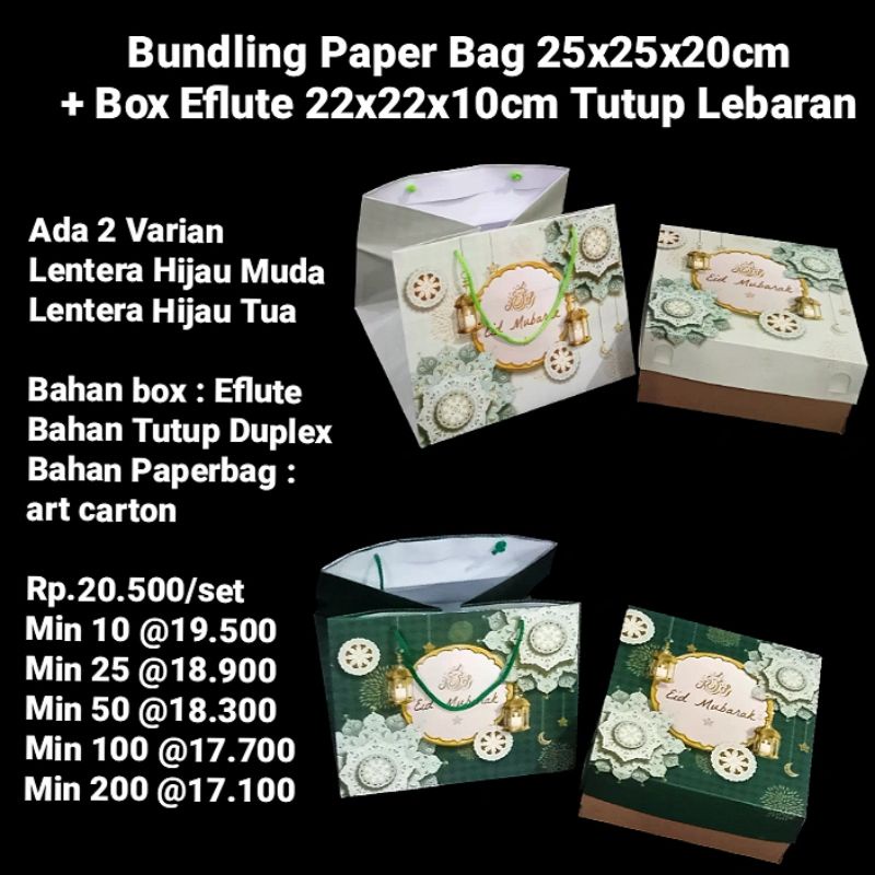 

Bundling Paper Bag 25x25x20cm + Box Eflute 22x22x10cm Tutup Motif Lebaran