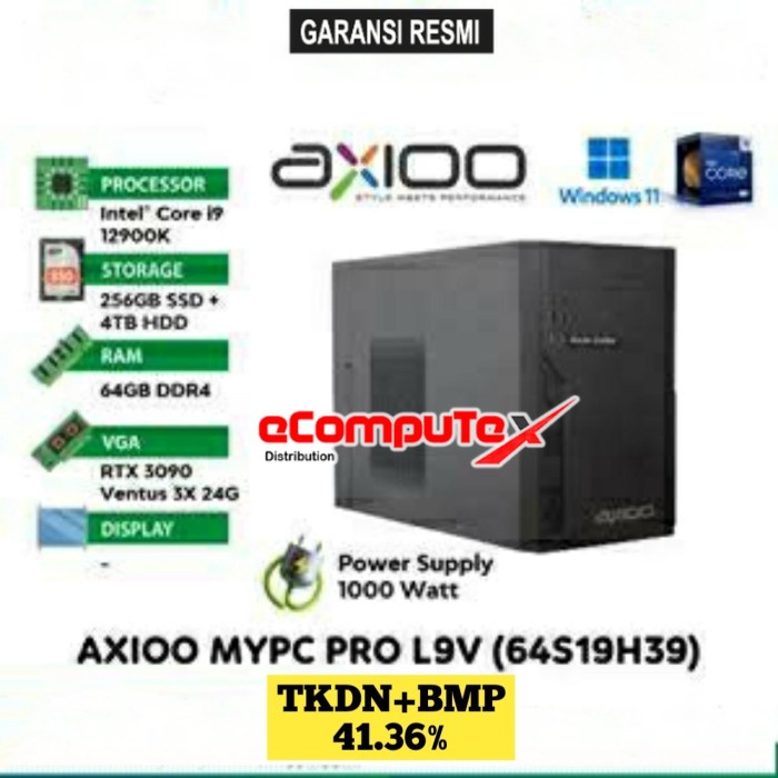 PC DESKTOP AXIOO MYPC PRO L9V (64S19H39) i9 64GB 4TB  TKDN GARANSI RESMI