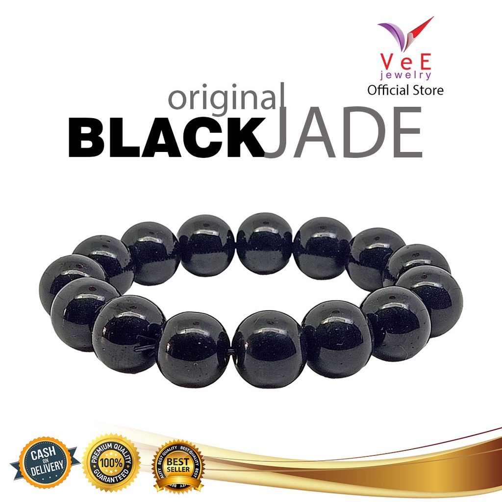 Gelang Black Jade Batu Giok Cina Asli 13mm Hitam Pekat - VeE Bracelet Batu Alam Terapi Kesehatan