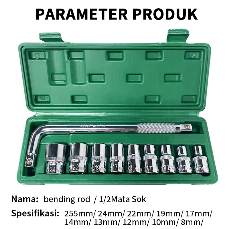 ISKU Kunci L Shock Set 10pc 8-24mm 1/2 Mata Sok Cr-V Special Bending Rod Sleeve Perbaikan Ban Alat Bengkel Socket Wrench Set Gagang Sock L Perbaikan Sepeda Motor Mobil