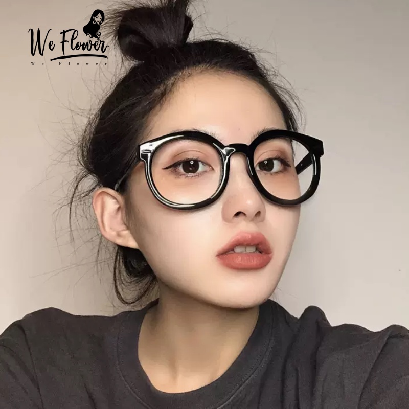 We Flower Kacamata Bingkai Bulat Hitam Retro Korea Untuk Pria Wanita Trendy Eyewear Outdoor Fashion Glasses OOTD Ornaments