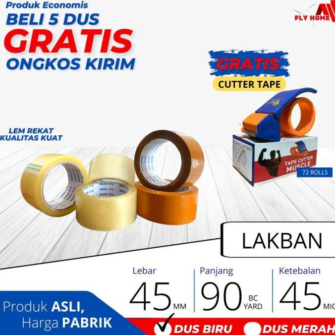 

FLY HOME Lakban Bening 90 Yard INSTAN KURIR 1Dus 45mm x 90 Yard 72 pcs