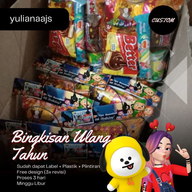 

PAKET 50 PCS LABEL SNACK ULANG TAHUN/BINGKISAN ULTAH/FREE KARTU UNDANGAN 50PCS