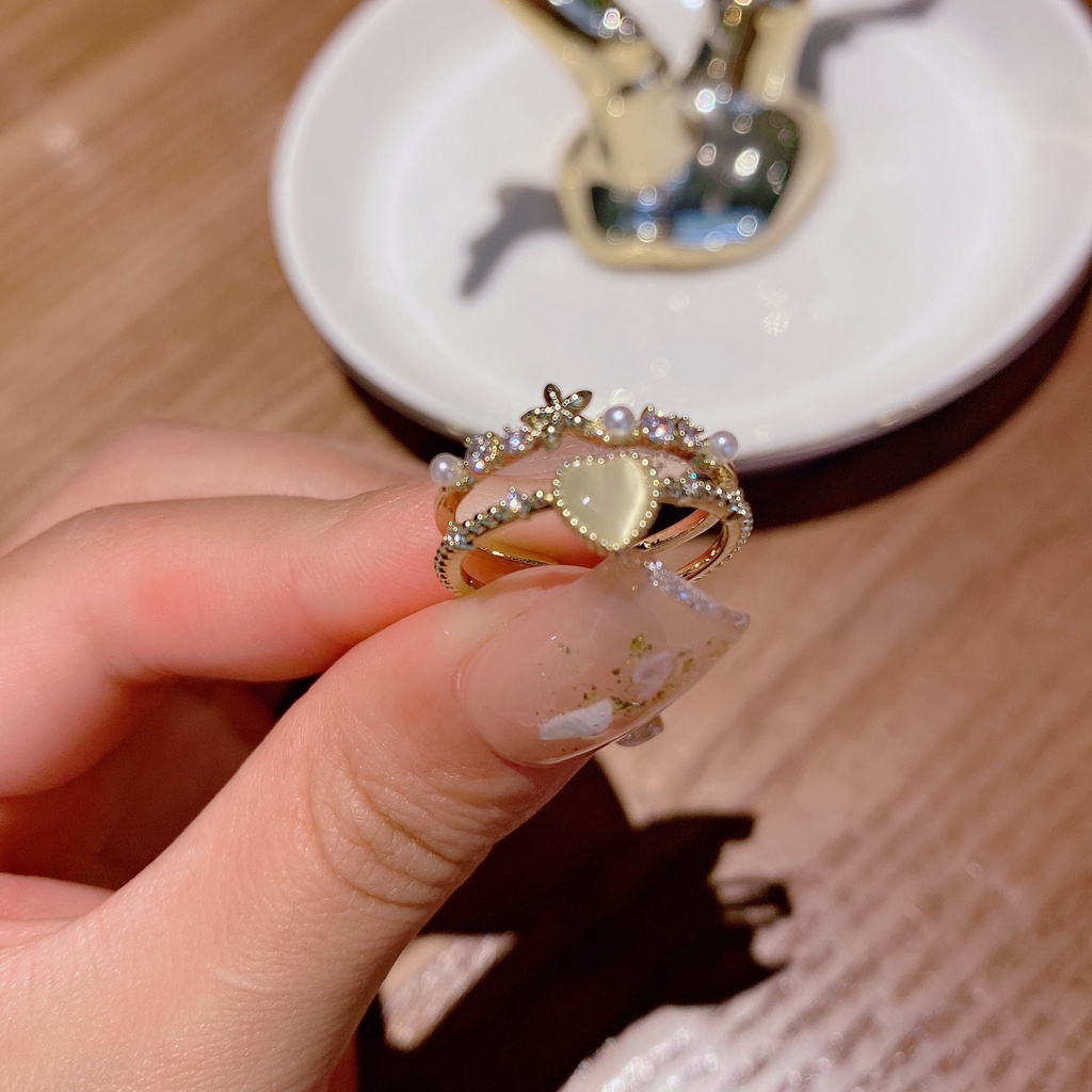 2 Pcs Fashion Opal Mutiara Cincin Untuk Wanita Mewah Zirkon Jari Cincin Perhiasan Aksesoris