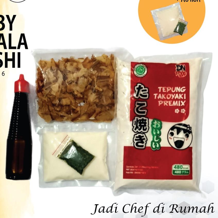

♦ PAKET BAHAN TAKOYAKI LENGKAP 50 Butir Halal │ Tepung, Katsuobushi, Saus Takoyaki, Aonori ✲