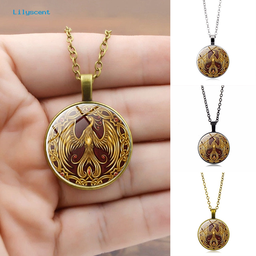 [LS] Phoenix Pola Liontin Cabochon Vintage Perhiasan Kaca Kalung Rantai Wanita Hadiah