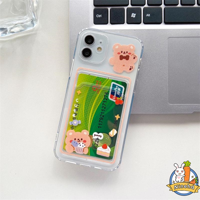 Case Tas Kartu Bening Kompatibel Untuk Iphone14 13 12 11 Pro Max X Xr Xs Max iPhone 8 7 6 6s Plus SE 2020 Beruang Lucu Anti Jatuh Bening Card Holder Phone Case Lembut Shockproof Back Cover