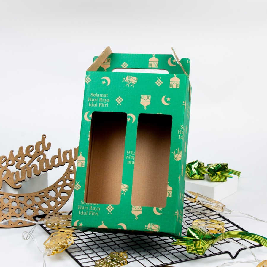 

kardus tenteng packaging 2 botol 500 ml edisi eid mubarak box handle kemasan parcel lebaran ukuran 15 x 7.5 x 23cm