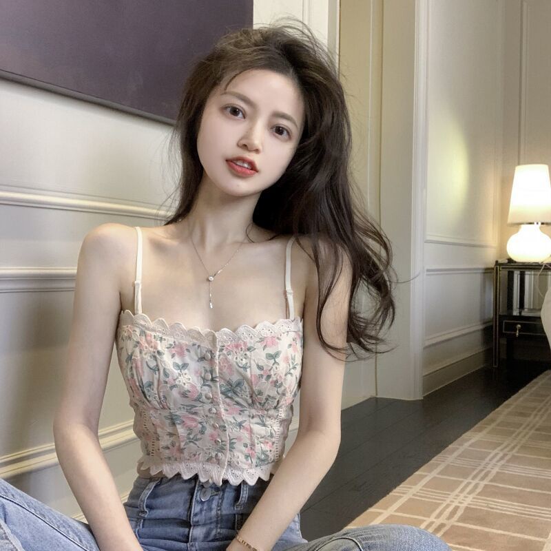 Retro renda manis bunga kecil kamisol tank top wanita musim panas memakai musim panas di luar berpak