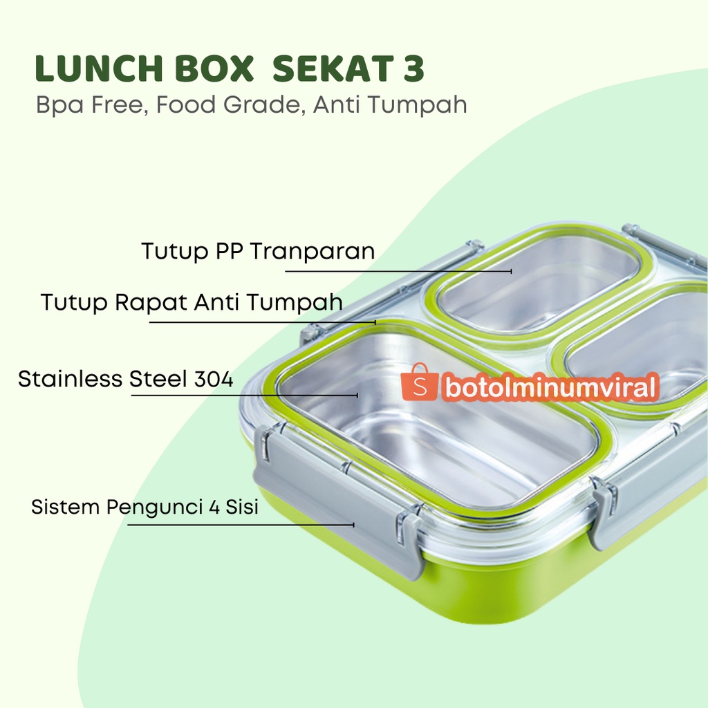 Lunch Box Stainless Anti Tumpah Tedemei Premium Sekat 3