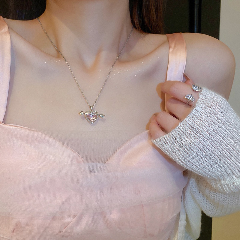 Sweet Pink Zircon Kalung Untuk Wanita Liontin Hati Perak Rantai Choker Pacar Perhiasan Y2K Aksesoris