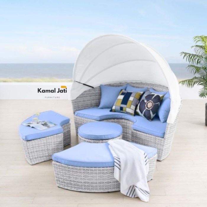 rattan daybed taman, kursi daybed rotan sintetis modern